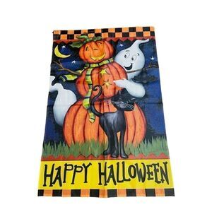 Vintage Happy Halloween Ghost Black Cat Pumpkin Flag 25" x 38"